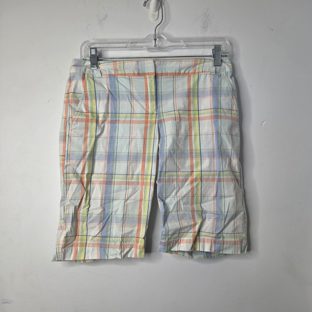 IZOD Womens Plaid Shorts Multi-Color Blue Orange Yellow Size 2 Bermuda Chino